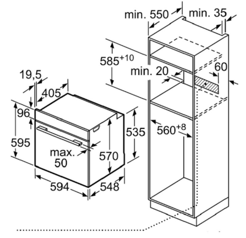 Kích thước lắp đặt lò nướng Bosch HBA5570S0B